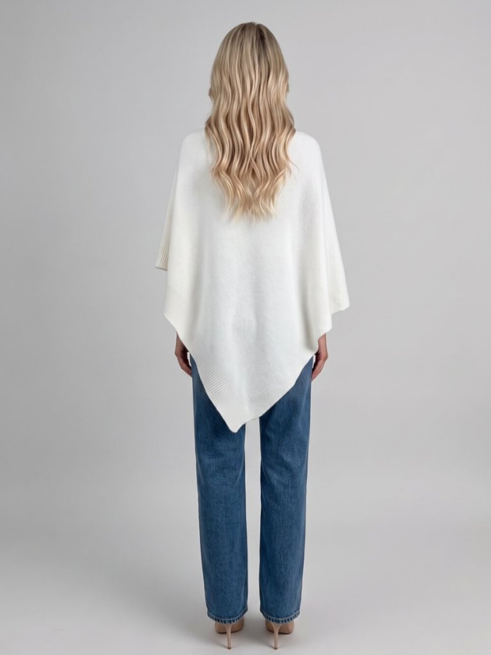 Women's Beige Knit Poncho Top Loose Casual Minimalist Cape Sweater Cover Up - Picture 2 of 3